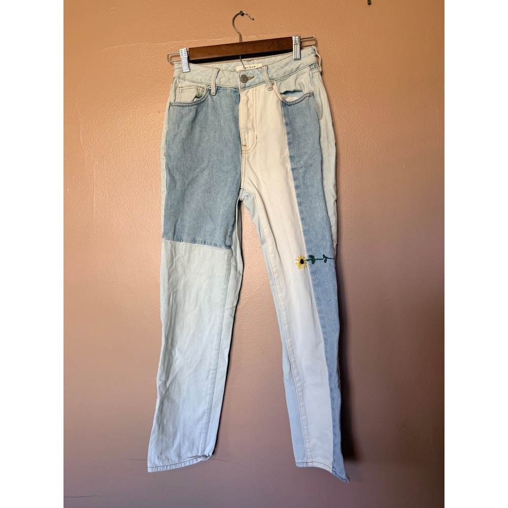 PacSun Size 24 Blue White Colorblock Mom Jean Sunflower Embroidered Denim Pants